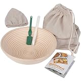 Banneton Sour Bread Basket - Sourdough Proofing Set - Bread Bowl & Linen Liner Cloth + Lames - 100% Natural Rattan Basket - Bread Bag Included - 10" Brotform - for Homemade Bread