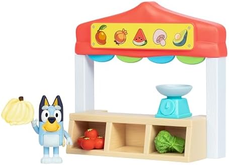 Mini sets de jeu Bluey . Set de jeu Bluey Le stand de marché . Inclus : figurine Bluey articulée, sac de courses, accessoires et billets