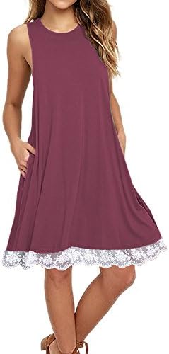 Our Precious Women's Sleeveless Pockets Casual A-Line Lace Swing T-Shirt Loose Dress Purplish Red 2L