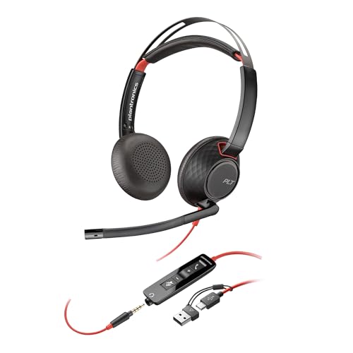 Poly Blackwire 5220 schnurgebundenes Headset, Flexibler Mikrofonarm mit Noise Cancelling, Ergonomisches Design, Verbindung mit PC/Mobilgeräten über US