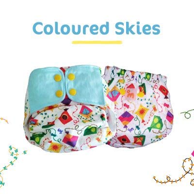 superbottoms Plus UNO Coloured Skies Printed Reusable Adjustable Cloth Diaper with Magic Soaker Like Prefold One Dry-Feel Open Insert and One Open Booster for Day and Night Use (Free Size, 5-17 kg)