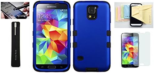 [Blue Black] Samsun Galaxy S5 Phone Protective [Heavy Duty] Armor Hybrid Two Layer Cover Travel Case with Momiji® [Screen Guard] Protector, Stylus Pen, Cleaning Cloth for [Galaxy S5]