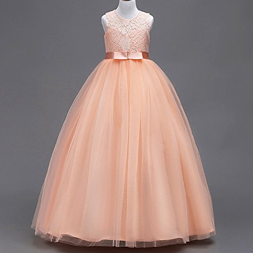 Girls Tulle Lace Flower Wedding Bridesmaid Dress Floor Length Princess Long A Line Pageant Formal Prom Dance Gown, Peach, 9-10