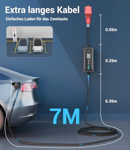 Mobile Wallbox 11 kW Type 2 Charging Cable - 7 m | 6-16 A | 3-Phase EV Charger Waterproof with Adjustable Charging Power, Setting Start Time, CEE 16A to Type 2 Charging Cable, for All EVs (IEC 62196-2) & PHEVS