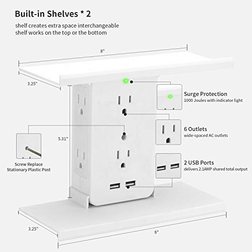 Socket Shelf Deluxe 8 Port Surge Protector Wall Outlet, 6 Electrical Outlet Extenders, 2 USB Charging Ports, 2 Removable & Interchangeable Shelves