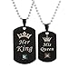 SXNK7 Her King & His Queen Lovers Couple Necklaces Matching Set Black Stainless Steel Tag Necklace Bracelet with Stone for Xmas Gift