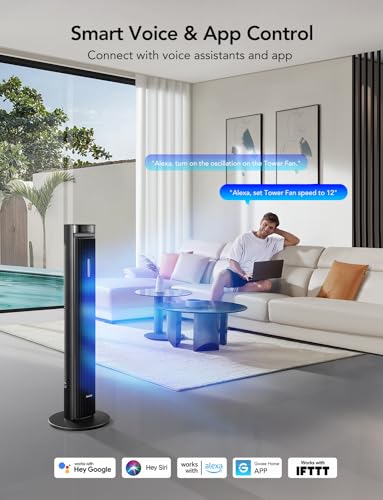 Goveelife 42'' Tower Fan for Bedroom, Smart Floor Fan with 150° Adjustable Oscillating, APP & Voice Control, 5 Modes 12 Speeds up to 26ft/s, 24H Timer, 27dB Quiet Fan for Cooling Home Office Black