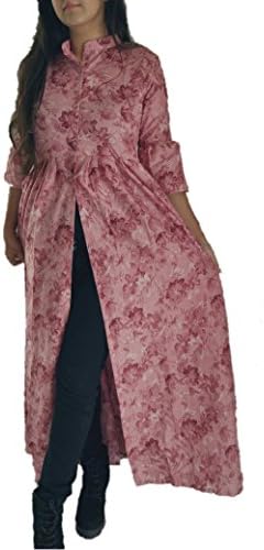 Vitans Women Floral Print Bell Sleeves Pleated Button Front Long Maxi Kurti (Pink)