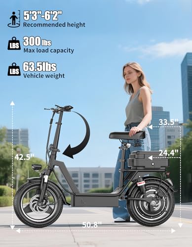 1400W Peak Motor Electric Scooter for Adults, 65 KM of Range Scooter with Seat, 48KM/H Top Speed, 48V Battery, Dual Suspension, Foldable E Scooter for Cargo, Commuting