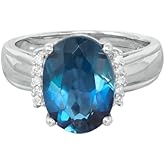 KOKAV 925 Sterling Silver Genuine London Blue Topaz 7-5/8Ct Oval, Diamond Ring