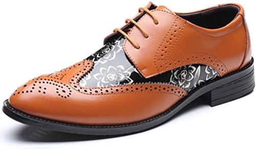 Senyee Men's Dress Shoes, Modern Classic Two Tone Wide Width Flower Print Lace-up Wingtip Casual Oxfords Yellow 10