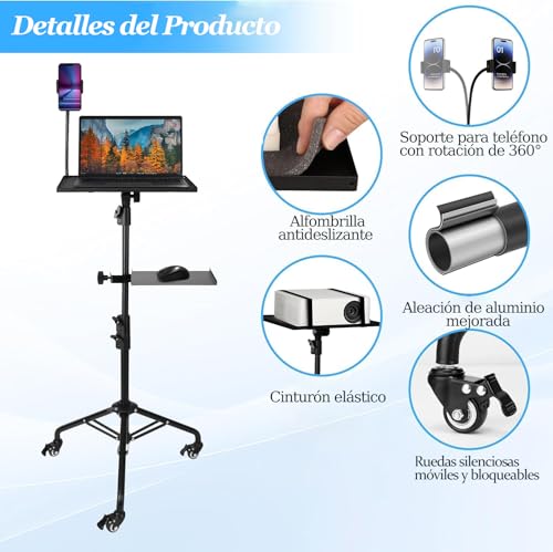 Soporte para Proyector con Ruedas, 73-167 cm Soporte para Proyector Tripode con Bandeja para Ratón, Porta Celular y Bandeja de Almacenamiento, Soporte Trípode Proyector para Oficina Hogar Estudio