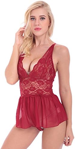 Aufavori Sexy Lingerie for Women Crotchless Teddy Babydoll Lace Nightie V-Neck Chemise Bodysuit