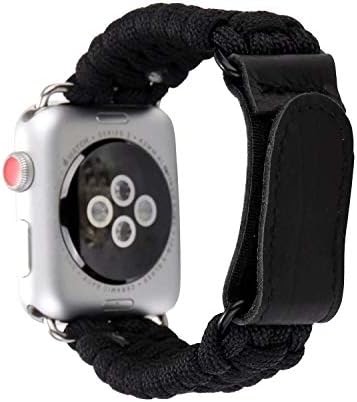 Angeland Outdoor Nylon Paracord Braided Band Rugged Bracelet with Leather Hook-and-Loop Fastener Closure Compatible with 44mm Apple Watch Series 4 and 42mm Series 3, 2, 1 - Black