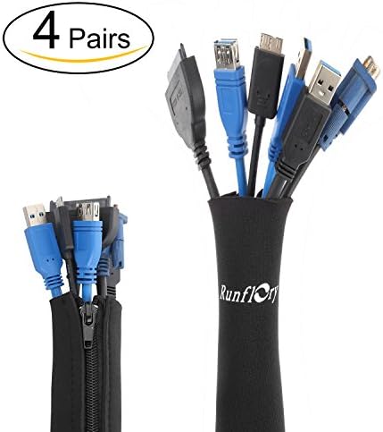 Runflory Cable Management Sleeves, 20 Inch Flexible Neoprene Wire Sleeve Cord Wrap Cover Organizer for PC TV Desk Home Office, Adjustable DIY Zipper Design Cord Cable Sleeve - 4 Pieces - Black