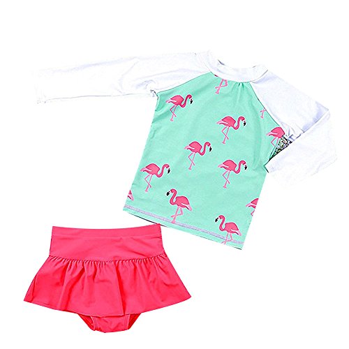 Collager Baby Girls Kids 2Pcs Long Sleeve Flamingo Swimsuit Rash Guard Bathing Suit UPF 50+ UV - Thumbnail 2
