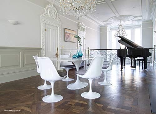 Little Tulip Shop 198cm x 120cm White Carrara Marble Oval Tulip Dining Table - 6 Tulip Side Chairs (Grey)