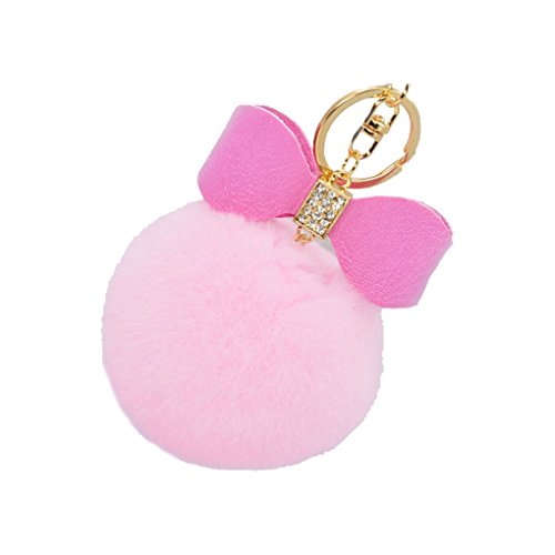 Raylans Fluffy Rex Rabbit Fur Leather Bow Pompom Ball Handbag Pendant Key Chain Keyring,Pink
