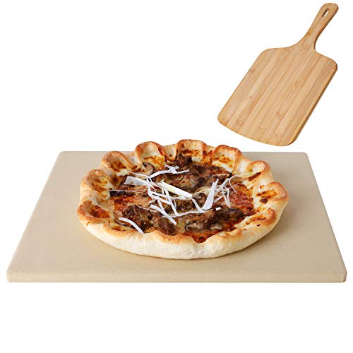 femor Pizza Grilling Stone 15"x12" with Pizza Peel & Recipe- Rectangular Baking Stone for Oven, Grill & BBQ