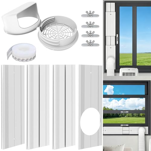 Muafafa Klimaanlage Fensterabdichtung Rolladen, 4 Einstellbare Platten für Mobile Klimageräte, Universal Abluftschlauch Adapter 13/15cm, Fensterdurchf