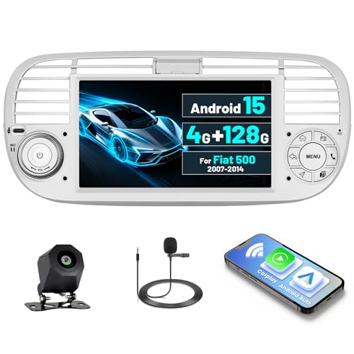 [4G+128G]Inefala Android 15 Car Radio for Fiat 500 2007-2015 with Wireless Carplay Android Car, 7 Inch Touchscreen Stereo Bluetooth Car Stereo with GPS Navigation WiFi RDS/FM SWC Rearview Camera Mic