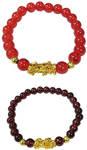 Haohai 2 Pcs Feng Shui Good Luck Bracelets for Men Women, Wealth Prosperity Charm Bracelet with Golden Pi Xiu Pi Yao, Attract Good Luck and Wealth(6mm, 8mm)