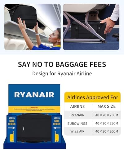 Sac à Dos Cabine Ryanair 40x20x25 pour Avion sous Siège, Sac à Dos Ordinateur 14 Pouces Imperméable, Sac de Voyage en Pet Recyclé pour Femme et Homme, Bagage Cabine Compact, Noir