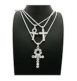 SILVER ICED OUT EGYPTIAN KEY OF LIFE ANKH CROSS BOX CHAIN 3 NECKLACE SET (Silver Box chain set of 3)