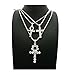 SILVER ICED OUT EGYPTIAN KEY OF LIFE ANKH CROSS BOX CHAIN 3 NECKLACE SET (Silver Box chain set of 3)