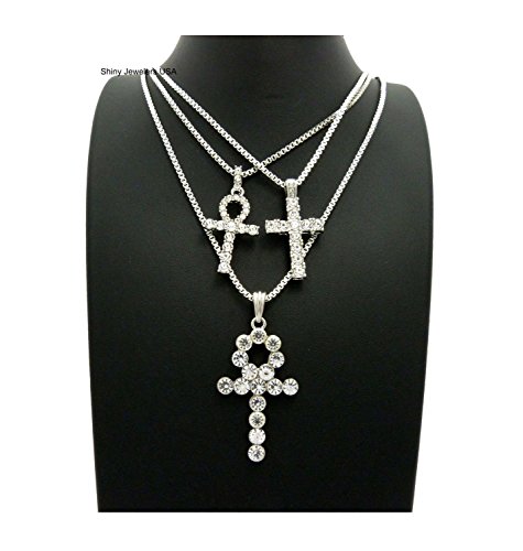 SILVER ICED OUT EGYPTIAN KEY OF LIFE ANKH CROSS BOX CHAIN 3 NECKLACE SET (Silver Box chain set of 3)
