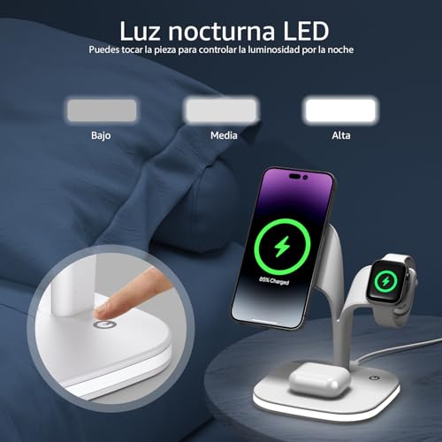 Cargador inalámbrico magnético, actualice la estación de carga MagSafe 3 en 1 con una lámpara LED compatible con iPhone 15/14/13/Pro/Pro Max/Mini, iWatch SE/9/8/7/6/5/4, Airpods 3/2/Pro/Ultra