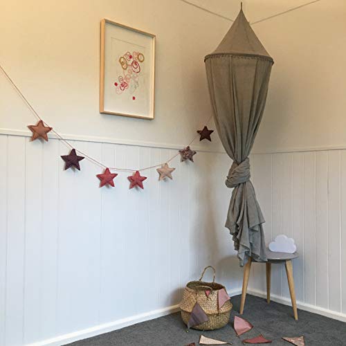 Zeke and Zoey Hanging Grey Bed Canopy with Pom Poms, Drapes Hideaway