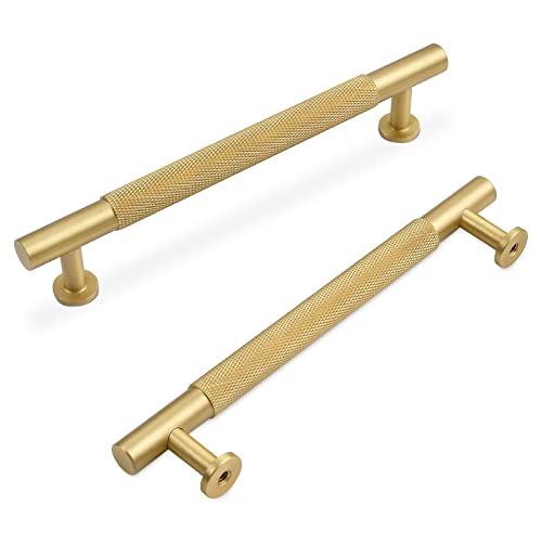 SNBTLA Brass Drawer Cabinet Pulls, Brushed Gold Handles Hardware for Dresser Kitchen Bedroom Bathroom  (2 Pack, 5 inch(128mm) Hole Centers)