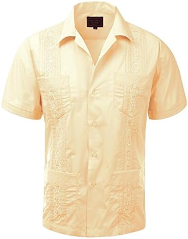 vkwear Guayabera Men's Cuban Beach Wedding Short Sleeve Button-up Casual Dress Shirt (3X-Large, Cream)