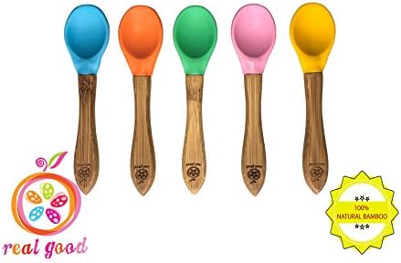 Baby Feeding Spoons Set (5 Pack) - Gum-Friendly First Stage Bamboo Weaning Spoons with Soft Silicone Tips for Babies - BPA, Phthalate, Plastic &amp; Lead Free - Great Infant Gift