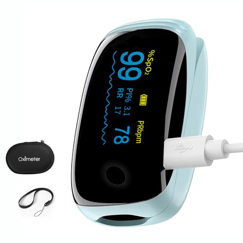 Rechargeable Pulse Oximeter Fingertip Oxygen Monitor Fingertip with SpO2 Pulse Rate and PI RR OLED Precision Fast Oximeter SpO2 Reading Outdoor Sports Home (Blue)