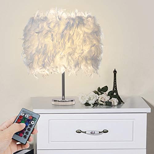 Hlidpu Feather Table Lamp Vintage Elegant Bedside Desk Night LightLampshade for Bedroom Foyer Living Reading Sitting Room Decorations,White