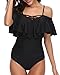 Holipick Black Women Strapless One Piece Swimsuits Tummy Control Bathing Suit Ruffle Off Shoulder Swimwear with Sleeves M