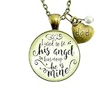 36" I Used to Be His Angel, Now He's Mine Father Memorial Necklace Vintage Style Glass Round Pendant Dad Heart Charm