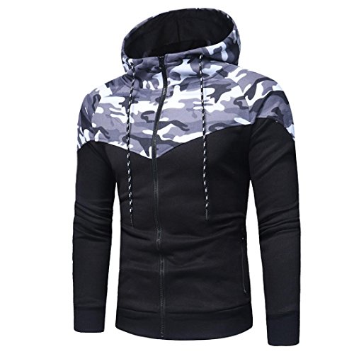 Mens Shirt, Camouflage Men Teens Slim Fit Patchwork Hooded Sweatshirt Long Sleeve Tops Zipper Jacket Coat (M, Black)