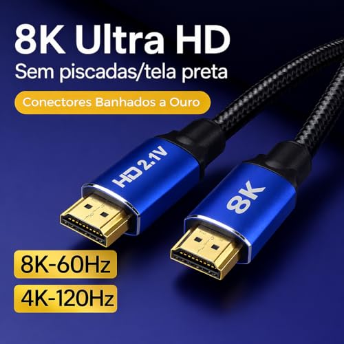 CABO HDMI 8K • 2.1 UHD • 144Hz • MTS • 3D, 48 GBPS, HDR, TV • Games em geral • Conector Banhado Ouro • 1,5 Metros • Premium