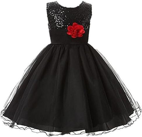 HLWLWOLFOYC Little Girls Sequin Mesh Sleeveless Flower Party Tulle Dress, Black, 5-6Y/T130