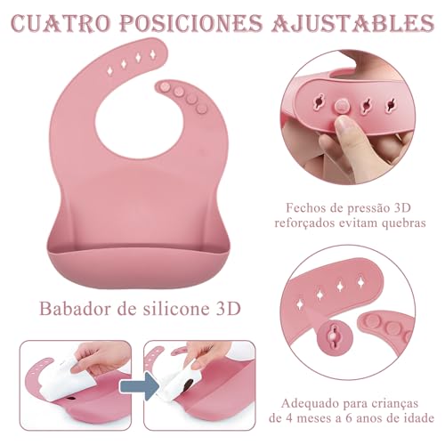 Kit Introdução Alimentar Bebe, Kit de 9 Alimentação Bebe Inox e Silicone, com Pratinho e Bowl de Alimentação com Ventosa, Babador, Copo, Tampa com Canudo, 2 Talheres Silicone e 2 Talheres Inox (Rosa)