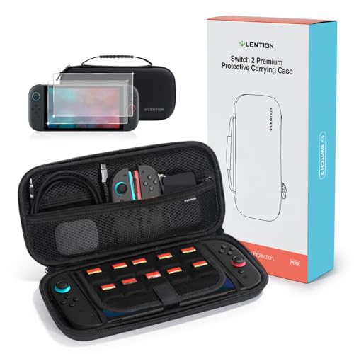 LENTION Capa para Switch 2 com Caixa de Proteção, Resistente à Água, Capa Rígida, Acomoda 10 Cartões de Jogo, Leve com Alça, Bolsa de Malha para Acessórios (Exclusivo para Switch 2, (Preto)