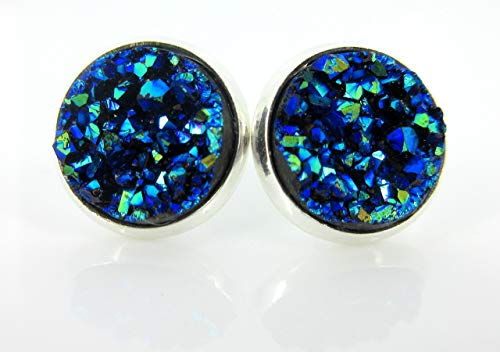 Silver-tone Blue Faux Druzy Stone Stud Earrings 12mm