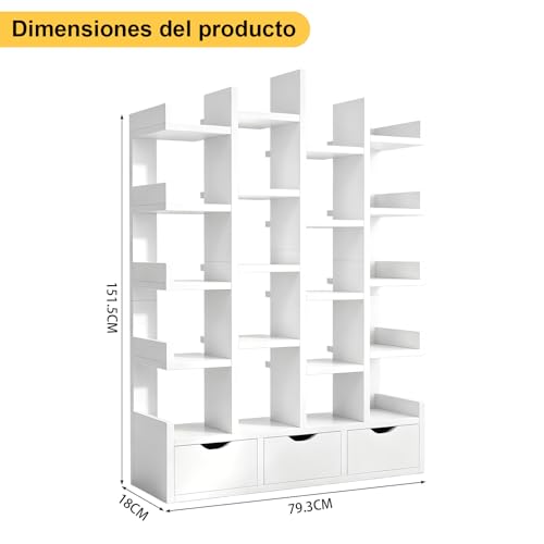 KINTOP Librero Organizador de 5 Niveles, Librero Esquinero con 3 Cajones y 20 Compartimentos, Libreros de Madera Minimalista para Hogar, Oficina y Dormitorio（Blanco 79.3 x 18 x 151 CM）