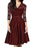 Mmondschein Women Vintage 1930s Style 3/4 Sleeve Black Lace A-line Party Dress Darkred S