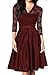 Mmondschein Women Vintage 1930s Style 3/4 Sleeve Black Lace A-line Party Dress DarkRed S