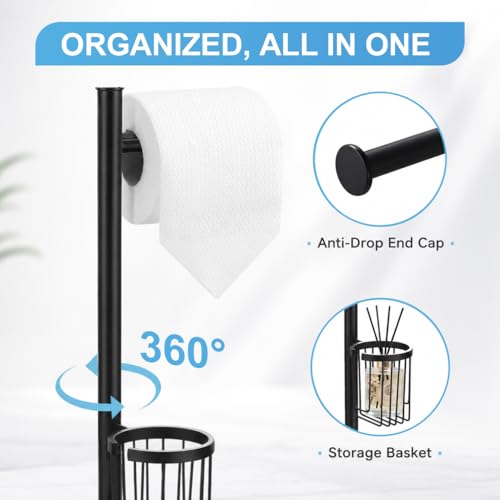 DAZI Toilet Brush Set with Toilet Paper Holder and Storage Basket, Stainless Steel Toilet Brush Freestanding, 3 in 1 Floor Standing Toilet Paper Holder Minimalist Style Space Saving