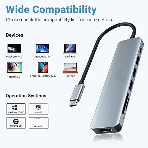 Adaptador Hub USB C, 7 en 1 con Salida HDMI 4K, Compatible con computadoras portátiles y Otros Dispositivos Tipo C (Lector de Tarjetas PD TF 100W)